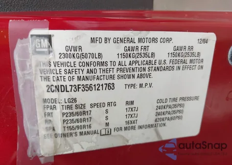 2005 Chevrolet Equinox Lt from USA, damaged, VIN 2CNDL73F356121763